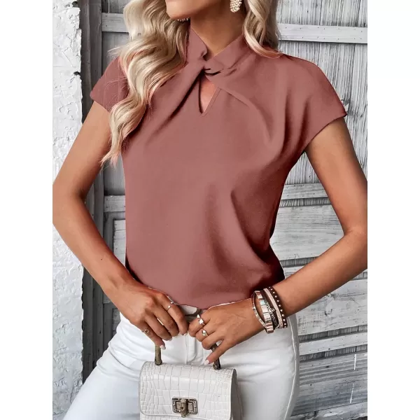 SweatyRocks Women's Cap Sleeve Cut Out Blouses Casual Solid Plain Twist Front Shirt Tops