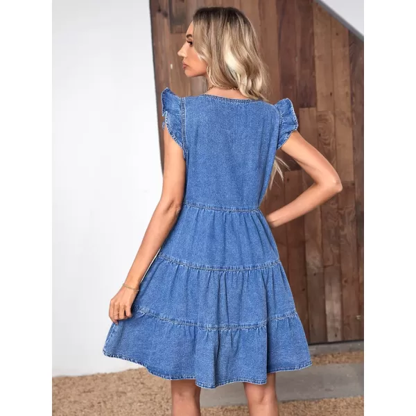 SweatyRocks Women's Cap Sleeve V Neck Button Front Dress A Line Ruffle Hem Denim Short Dresses