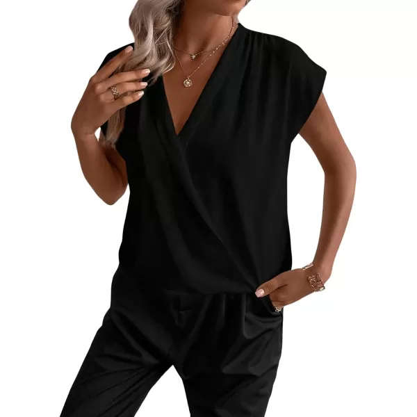 SweatyRocks Women's Cap Sleeve V Neck Wrap Top Casual Solid Pleated Pullover Blouse Shirt