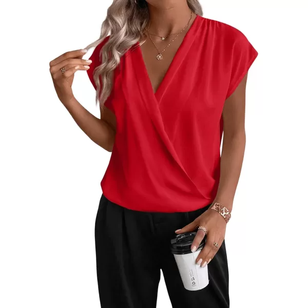 SweatyRocks Women's Cap Sleeve V Neck Wrap Top Casual Solid Pleated Pullover Blouse Shirt