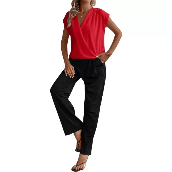 SweatyRocks Women's Cap Sleeve V Neck Wrap Top Casual Solid Pleated Pullover Blouse Shirt