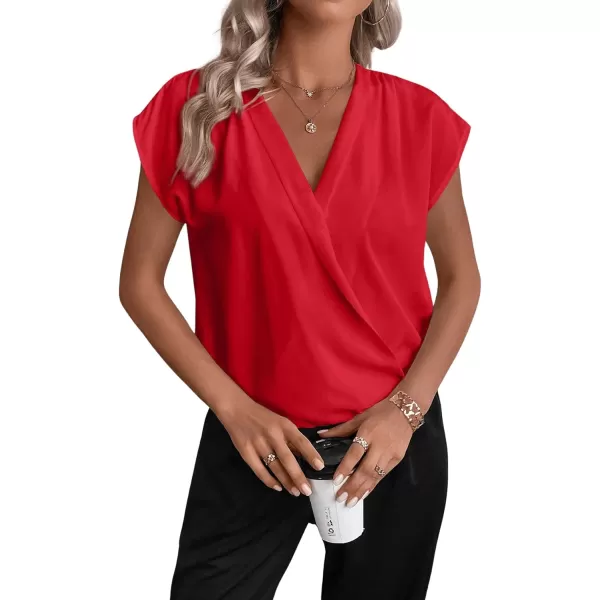 SweatyRocks Women's Cap Sleeve V Neck Wrap Top Casual Solid Pleated Pullover Blouse Shirt