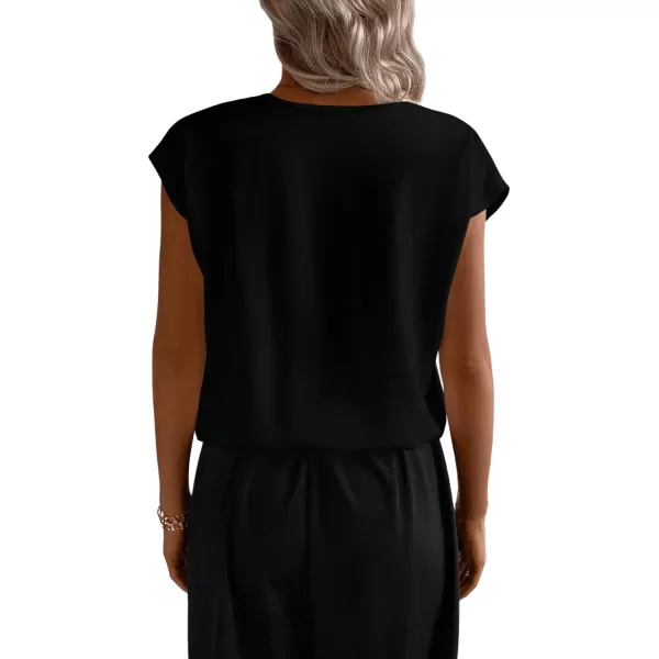 SweatyRocks Women's Cap Sleeve V Neck Wrap Top Casual Solid Pleated Pullover Blouse Shirt