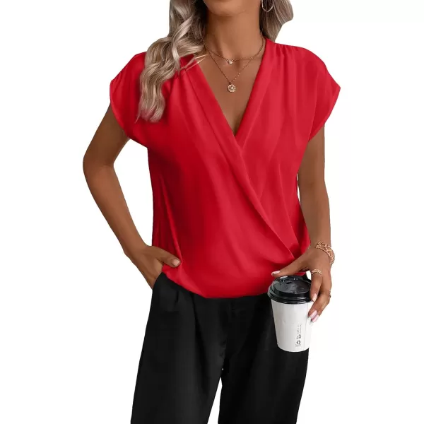 SweatyRocks Women's Cap Sleeve V Neck Wrap Top Casual Solid Pleated Pullover Blouse Shirt