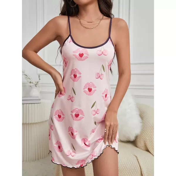 SweatyRocks Women's Cartoon Print Lettuce Trim Cami Nightdress Sleeveless Spaghetti Strap Mini Nightgowns