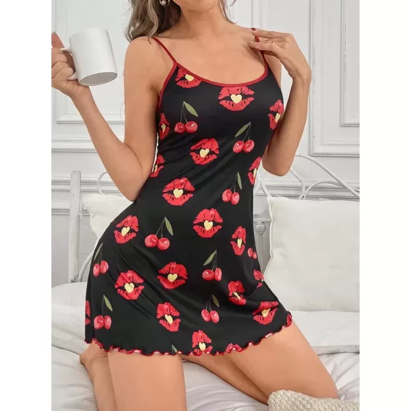 SweatyRocks Women's Cartoon Print Lettuce Trim Cami Nightdress Sleeveless Spaghetti Strap Mini Nightgowns