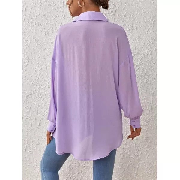 SweatyRocks Women's Casual Chiffon Sheer Blouse Bishop Sleeve Collar Button Down Loose Shirts Tops
