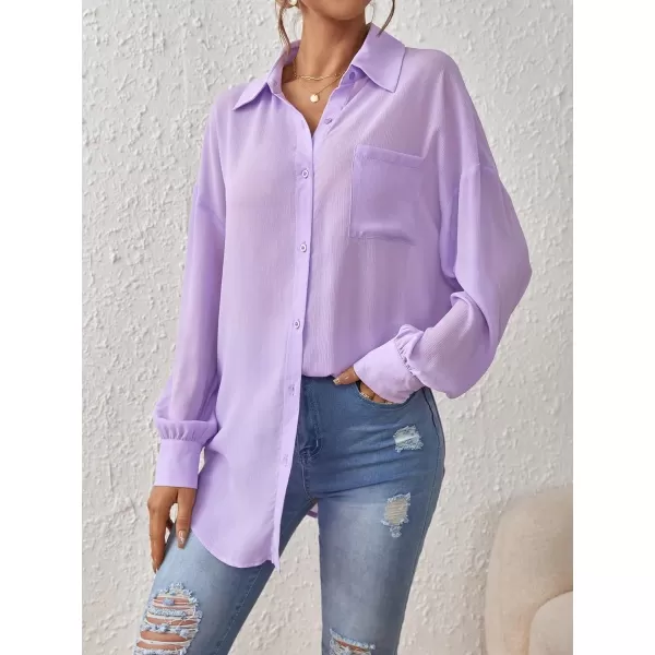 SweatyRocks Women's Casual Chiffon Sheer Blouse Bishop Sleeve Collar Button Down Loose Shirts Tops