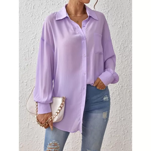 SweatyRocks Women's Casual Chiffon Sheer Blouse Bishop Sleeve Collar Button Down Loose Shirts Tops