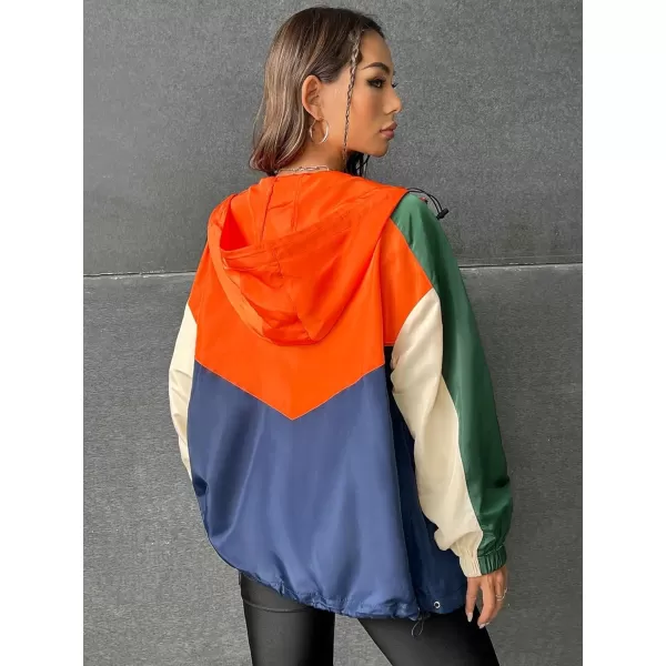 SweatyRocks Women's Casual Color Block Drawstring Hooded Windbreaker Jacket