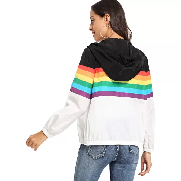 SweatyRocks Women's Casual Color Block Drawstring Hooded Windbreaker Jacket