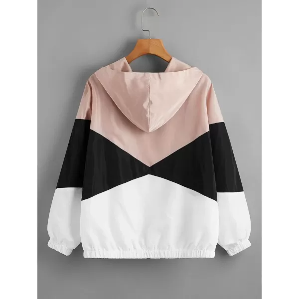 SweatyRocks Women's Casual Color Block Drawstring Hooded Windbreaker Jacket