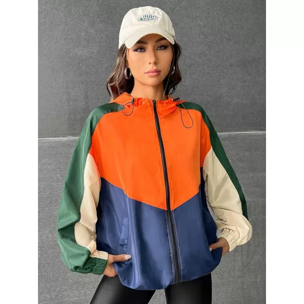 SweatyRocks Women's Casual Color Block Drawstring Hooded Windbreaker Jacket