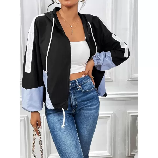 SweatyRocks Women's Casual Color Block Drawstring Hooded Windbreaker Jacket