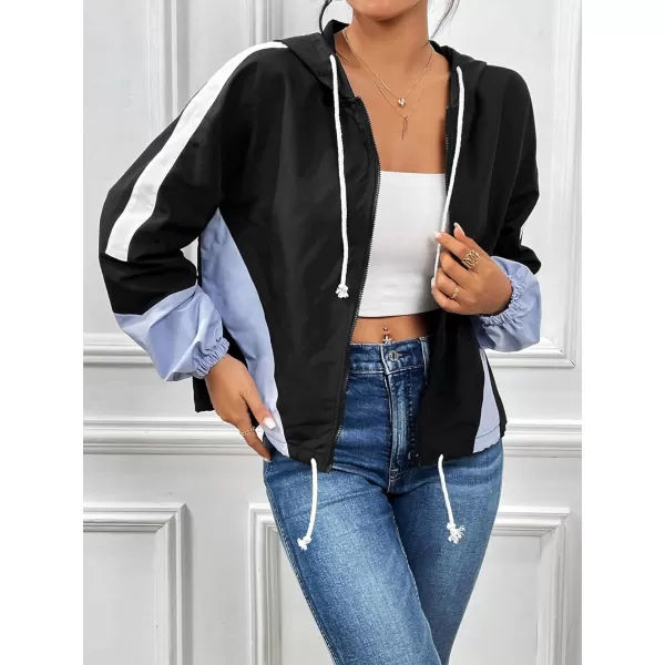 SweatyRocks Women's Casual Color Block Drawstring Hooded Windbreaker Jacket