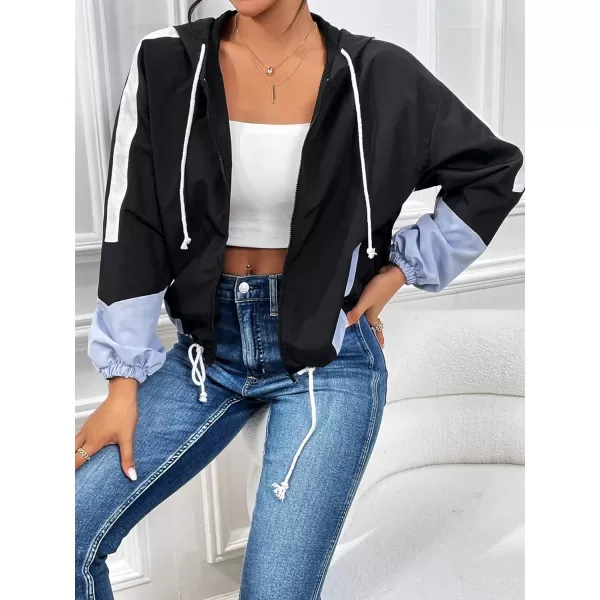 SweatyRocks Women's Casual Color Block Drawstring Hooded Windbreaker Jacket