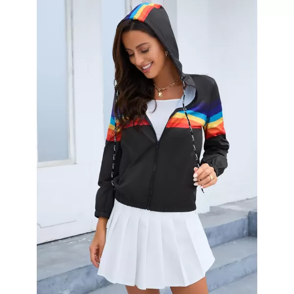 SweatyRocks Women's Casual Color Block Drawstring Hooded Windbreaker Jacket