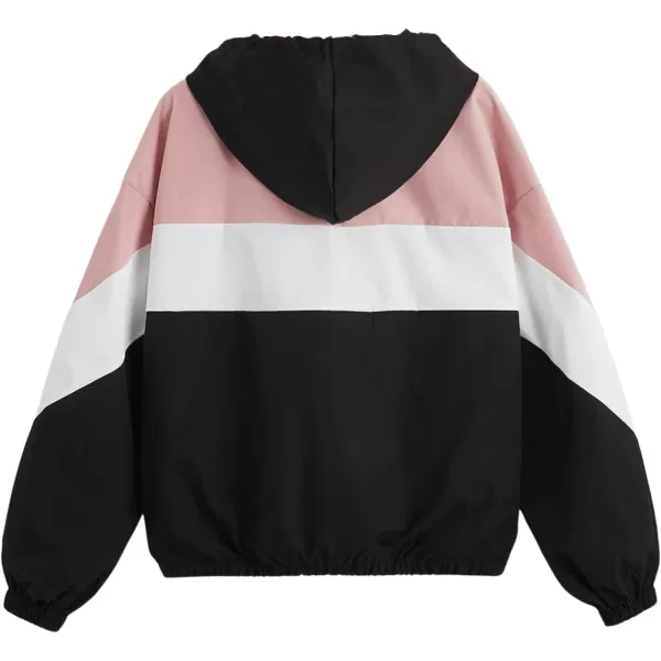 SweatyRocks Women's Casual Color Block Drawstring Hooded Windbreaker Jacket