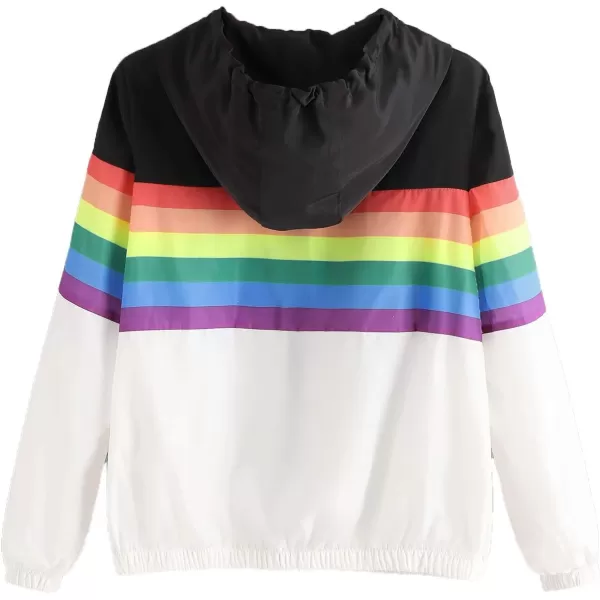 SweatyRocks Women's Casual Color Block Drawstring Hooded Windbreaker Jacket