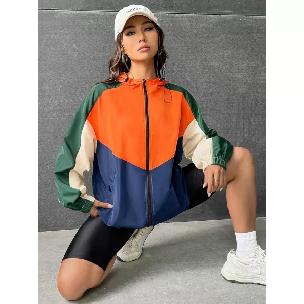 SweatyRocks Women's Casual Color Block Drawstring Hooded Windbreaker Jacket