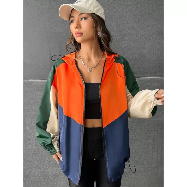 SweatyRocks Women's Casual Color Block Drawstring Hooded Windbreaker Jacket