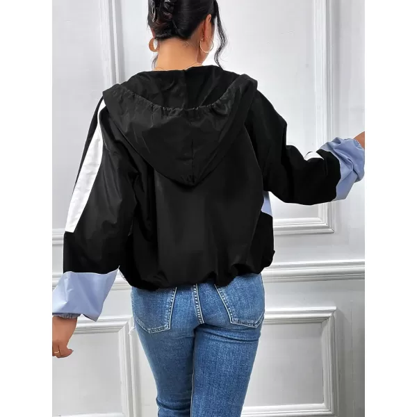 SweatyRocks Women's Casual Color Block Drawstring Hooded Windbreaker Jacket