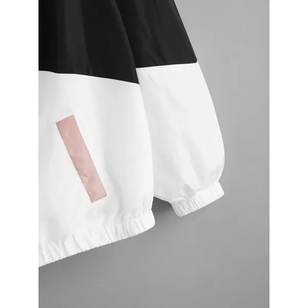 SweatyRocks Women's Casual Color Block Drawstring Hooded Windbreaker Jacket