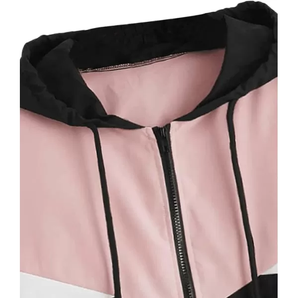 SweatyRocks Women's Casual Color Block Drawstring Hooded Windbreaker Jacket
