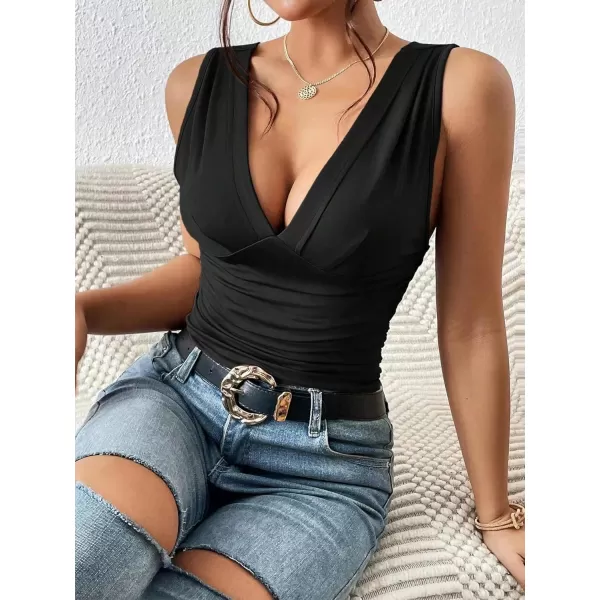 SweatyRocks Women's Casual Deep V Neck Sleeveless Slim Fit Ruched Tank Tops Summer Tee Tops