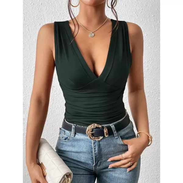 SweatyRocks Women's Casual Deep V Neck Sleeveless Slim Fit Ruched Tank Tops Summer Tee Tops