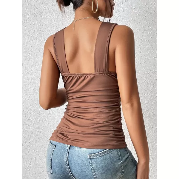 SweatyRocks Women's Casual Deep V Neck Sleeveless Slim Fit Ruched Tank Tops Summer Tee Tops