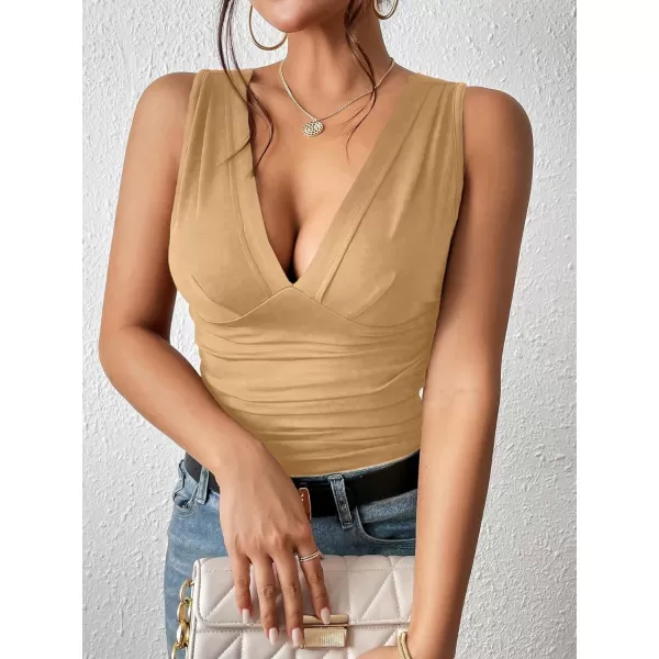 SweatyRocks Women's Casual Deep V Neck Sleeveless Slim Fit Ruched Tank Tops Summer Tee Tops