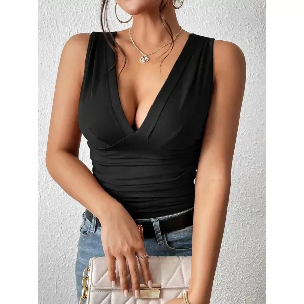 SweatyRocks Women's Casual Deep V Neck Sleeveless Slim Fit Ruched Tank Tops Summer Tee Tops