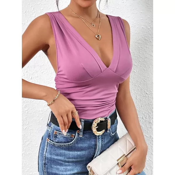 SweatyRocks Women's Casual Deep V Neck Sleeveless Slim Fit Ruched Tank Tops Summer Tee Tops
