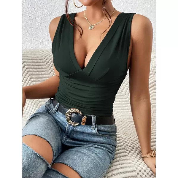 SweatyRocks Women's Casual Deep V Neck Sleeveless Slim Fit Ruched Tank Tops Summer Tee Tops
