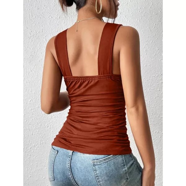 SweatyRocks Women's Casual Deep V Neck Sleeveless Slim Fit Ruched Tank Tops Summer Tee Tops