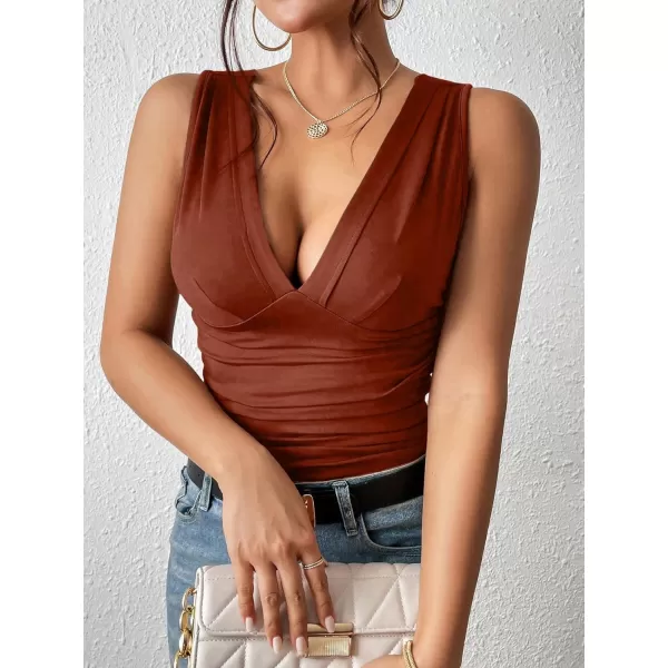 SweatyRocks Women's Casual Deep V Neck Sleeveless Slim Fit Ruched Tank Tops Summer Tee Tops