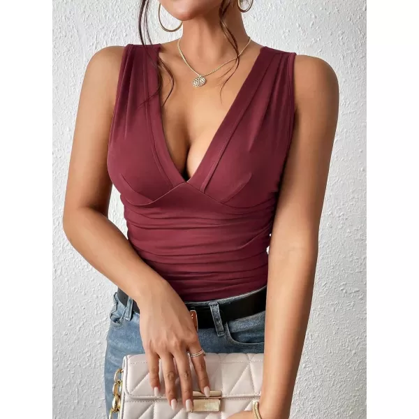 SweatyRocks Women's Casual Deep V Neck Sleeveless Slim Fit Ruched Tank Tops Summer Tee Tops