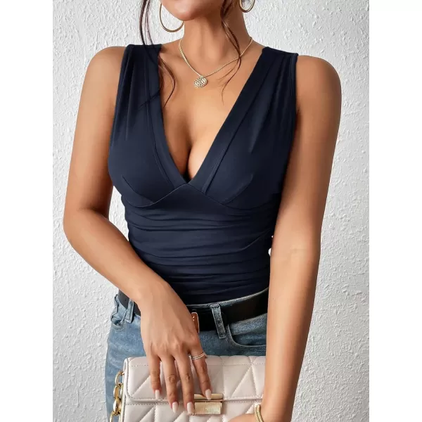 SweatyRocks Women's Casual Deep V Neck Sleeveless Slim Fit Ruched Tank Tops Summer Tee Tops