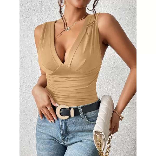 SweatyRocks Women's Casual Deep V Neck Sleeveless Slim Fit Ruched Tank Tops Summer Tee Tops