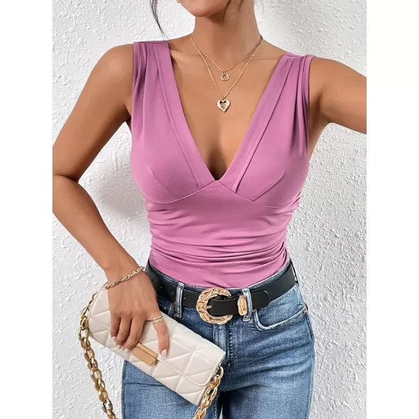 SweatyRocks Women's Casual Deep V Neck Sleeveless Slim Fit Ruched Tank Tops Summer Tee Tops