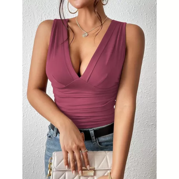 SweatyRocks Women's Casual Deep V Neck Sleeveless Slim Fit Ruched Tank Tops Summer Tee Tops