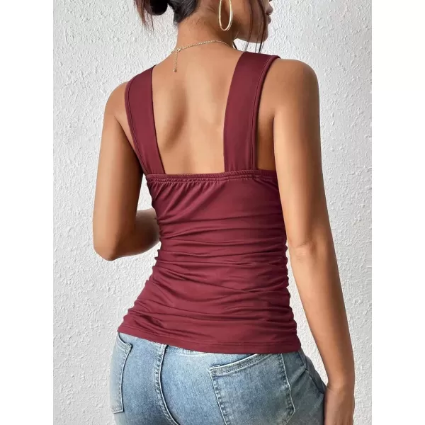 SweatyRocks Women's Casual Deep V Neck Sleeveless Slim Fit Ruched Tank Tops Summer Tee Tops