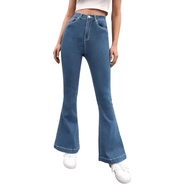 SweatyRocks Women's Casual Denim Pants Heart Print High Waist Stretchy Bell Bottom Flared Jeans