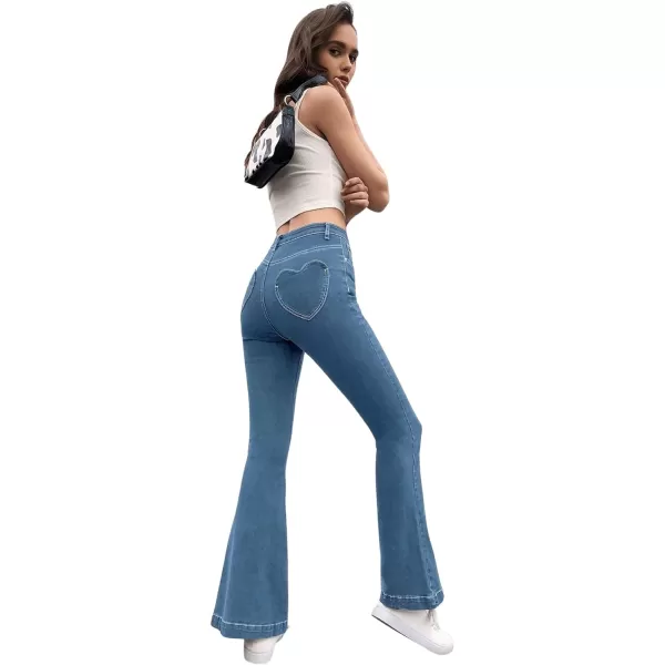 SweatyRocks Women's Casual Denim Pants Heart Print High Waist Stretchy Bell Bottom Flared Jeans