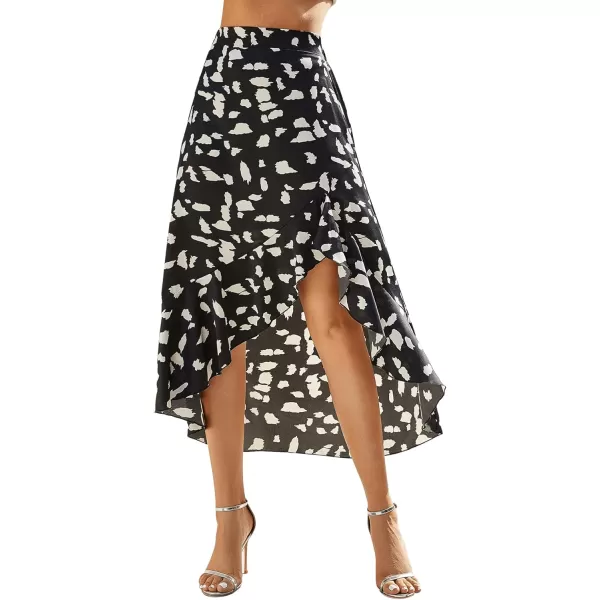 SweatyRocks Women's Casual Elastic Waist Asymmetrical High Low Ruffle Hem Printed Midi Skirt