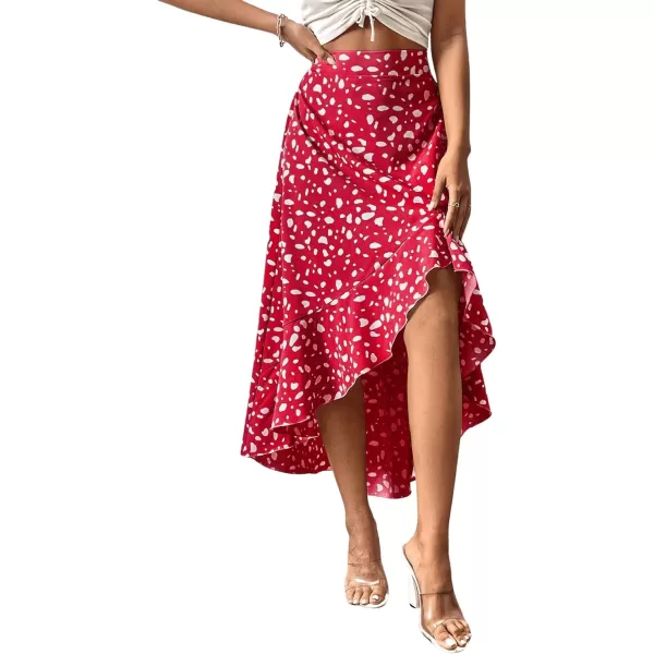 SweatyRocks Women's Casual Elastic Waist Asymmetrical High Low Ruffle Hem Printed Midi Skirt