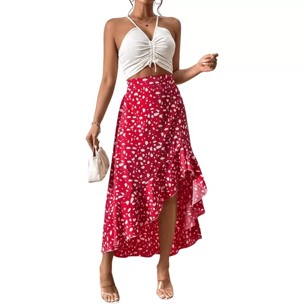 SweatyRocks Women's Casual Elastic Waist Asymmetrical High Low Ruffle Hem Printed Midi Skirt