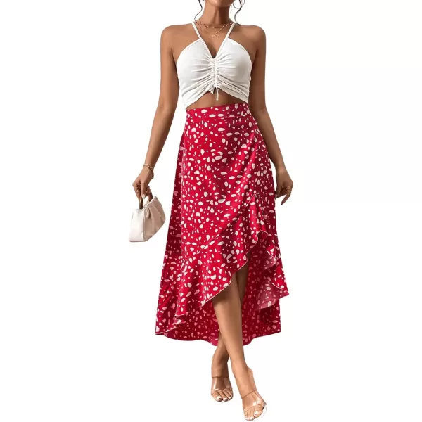 SweatyRocks Women's Casual Elastic Waist Asymmetrical High Low Ruffle Hem Printed Midi Skirt