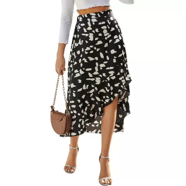 SweatyRocks Women's Casual Elastic Waist Asymmetrical High Low Ruffle Hem Printed Midi Skirt